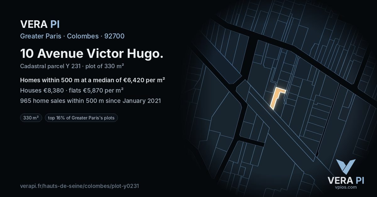 10 Avenue Victor Hugo, Colombes at night – the plot lit, the parcels around coloured by the prices near them