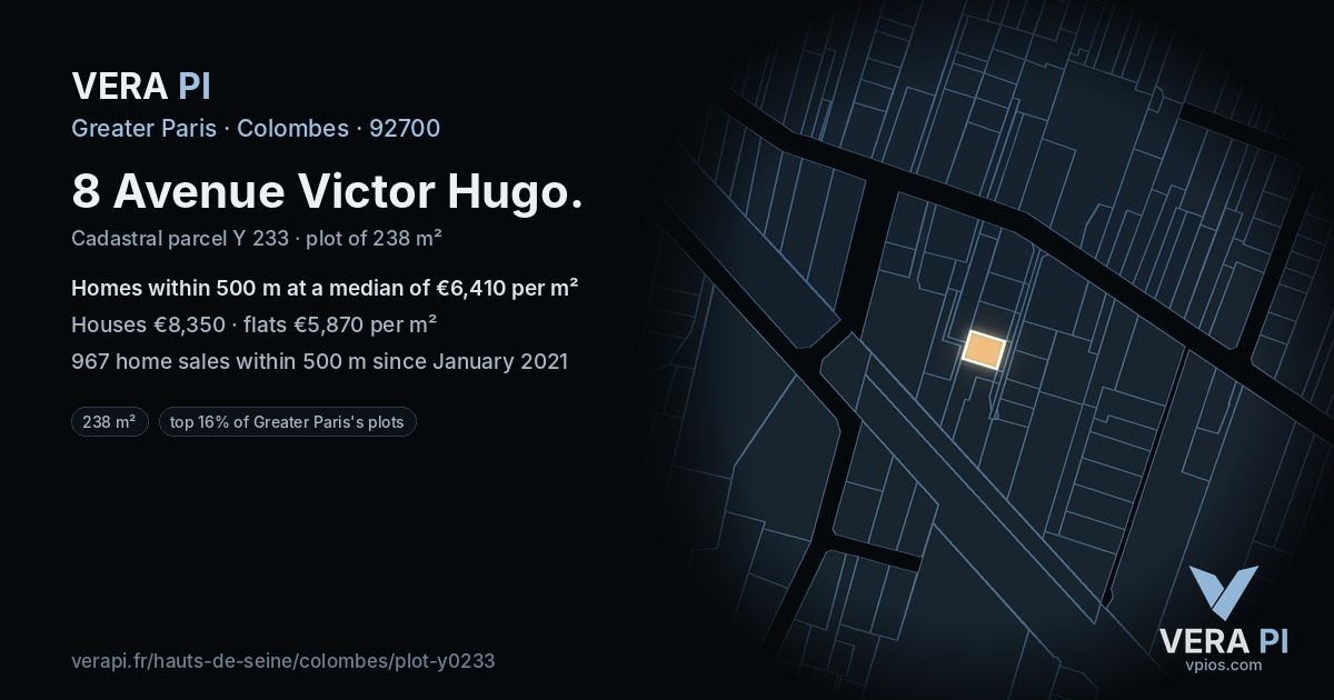 8 Avenue Victor Hugo, Colombes at night – the plot lit, the parcels around coloured by the prices near them