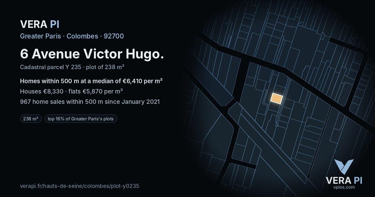 6 Avenue Victor Hugo, Colombes at night – the plot lit, the parcels around coloured by the prices near them