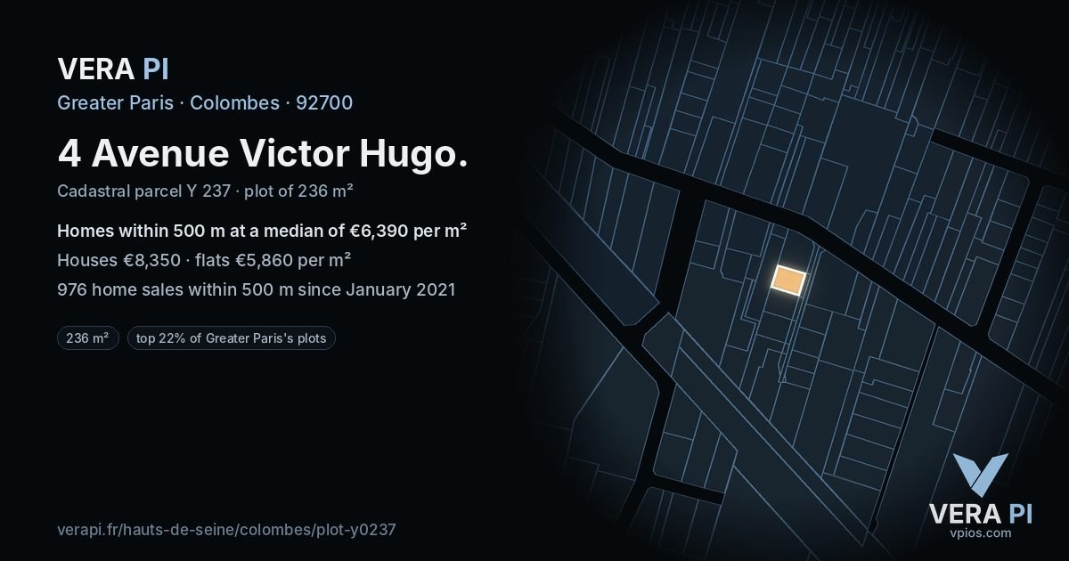 4 Avenue Victor Hugo, Colombes at night – the plot lit, the parcels around coloured by the prices near them
