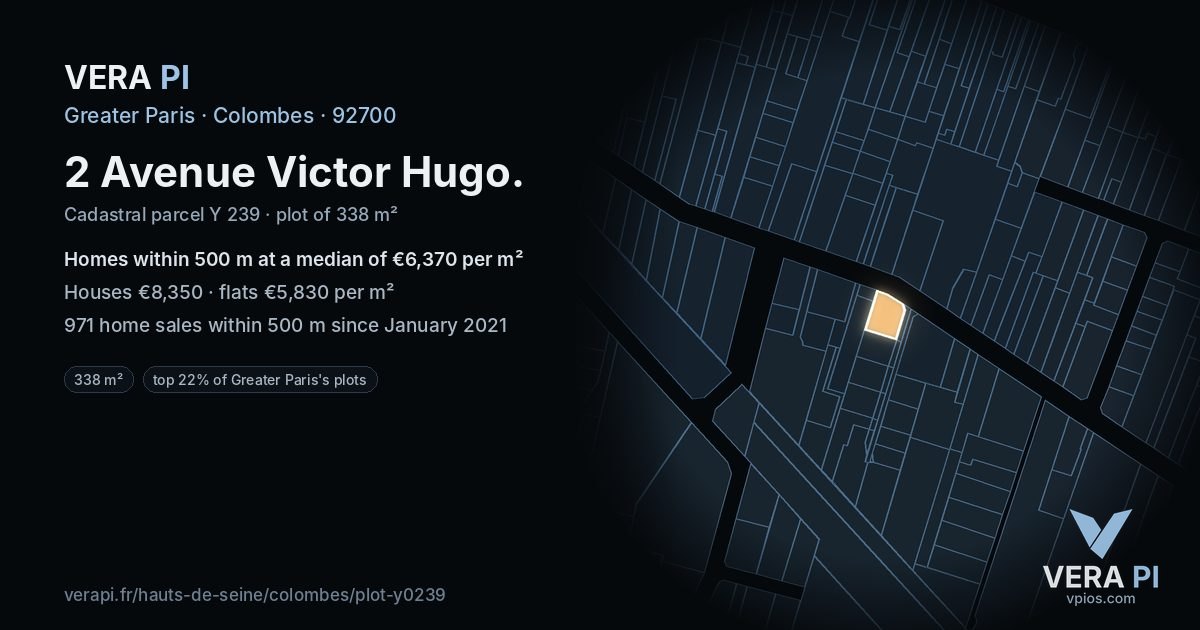 2 Avenue Victor Hugo, Colombes at night – the plot lit, the parcels around coloured by the prices near them
