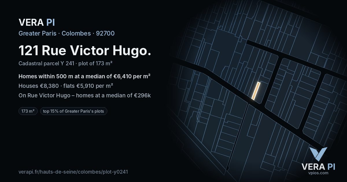121 Rue Victor Hugo, Colombes at night – the plot lit, the parcels around coloured by the prices near them