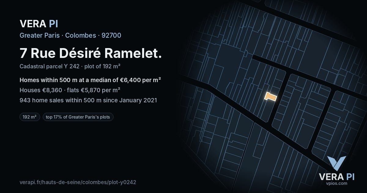 7 Rue Désiré Ramelet, Colombes at night – the plot lit, the parcels around coloured by the prices near them