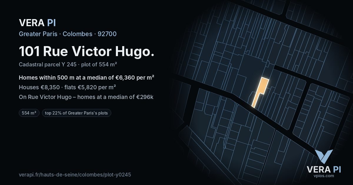 101 Rue Victor Hugo, Colombes at night – the plot lit, the parcels around coloured by the prices near them