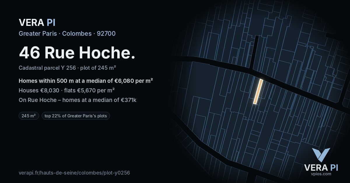 46 Rue Hoche, Colombes at night – the plot lit, the parcels around coloured by the prices near them