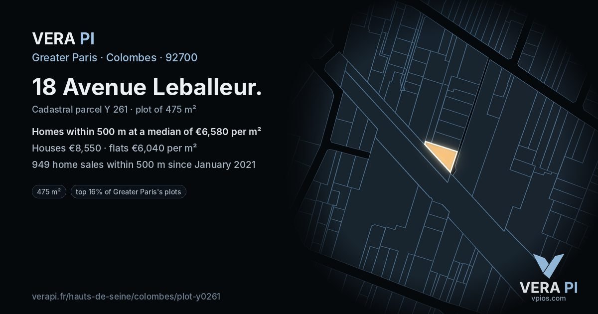 18 Avenue Leballeur, Colombes at night – the plot lit, the parcels around coloured by the prices near them