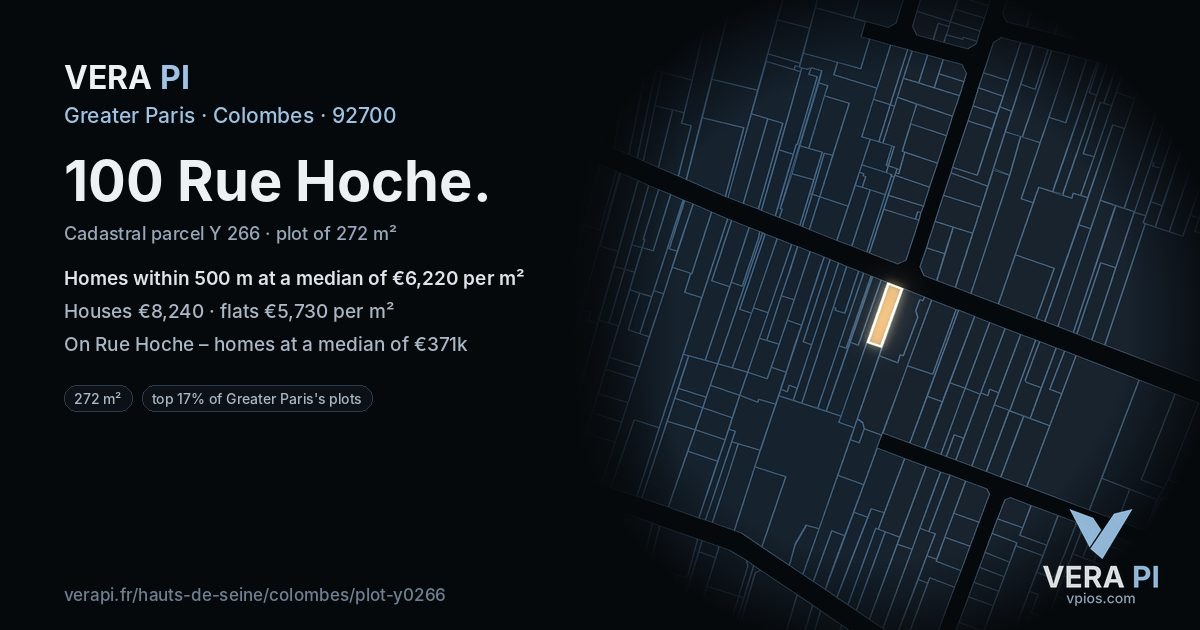 100 Rue Hoche, Colombes at night – the plot lit, the parcels around coloured by the prices near them
