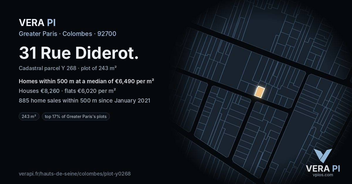 31 Rue Diderot, Colombes at night – the plot lit, the parcels around coloured by the prices near them