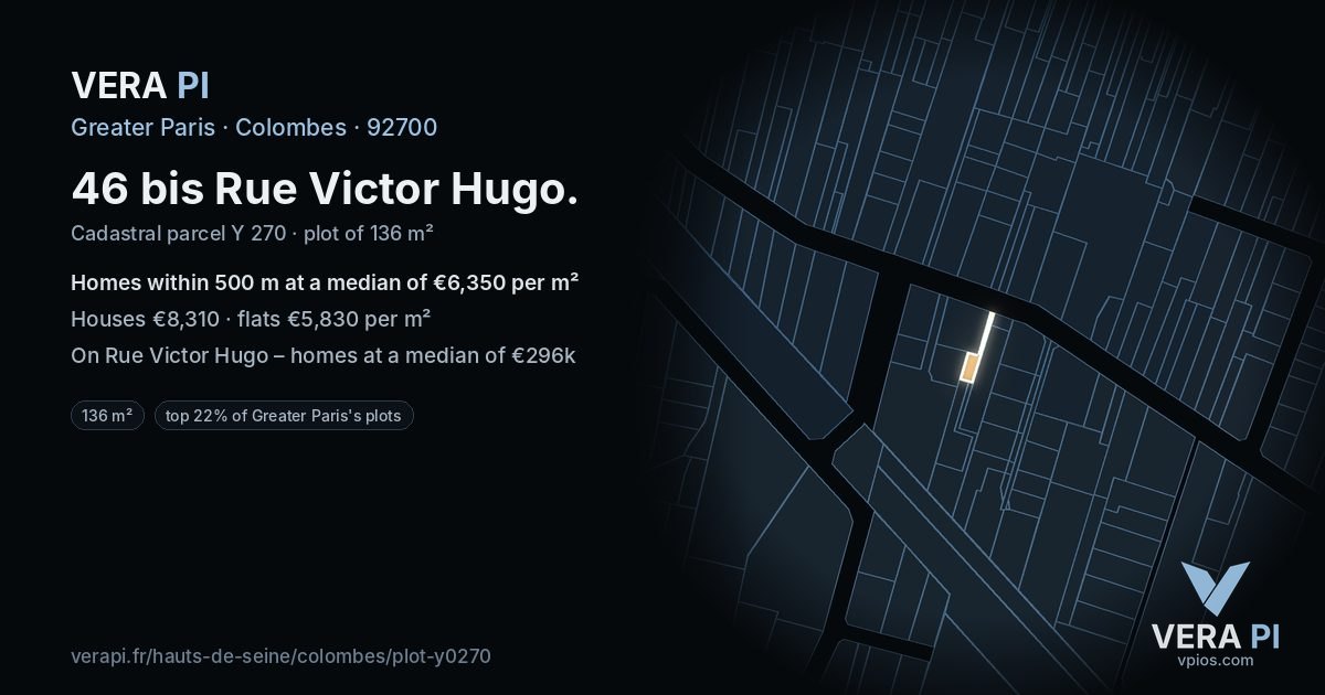 46 bis Rue Victor Hugo, Colombes at night – the plot lit, the parcels around coloured by the prices near them