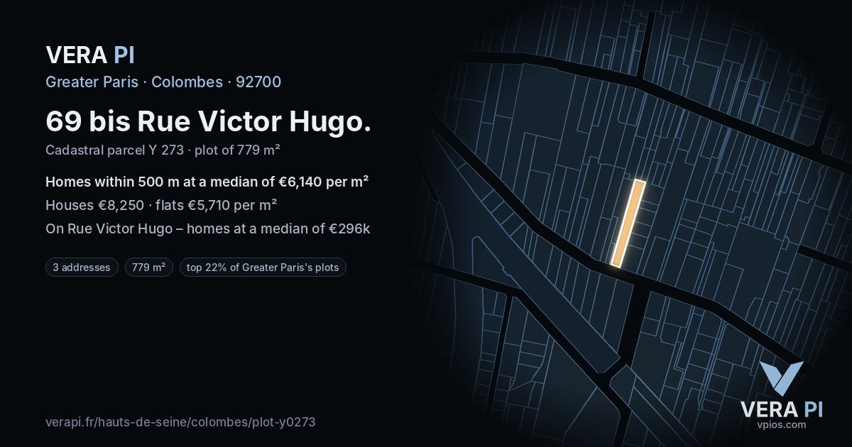 69 bis Rue Victor Hugo, Colombes at night – the plot lit, the parcels around coloured by the prices near them