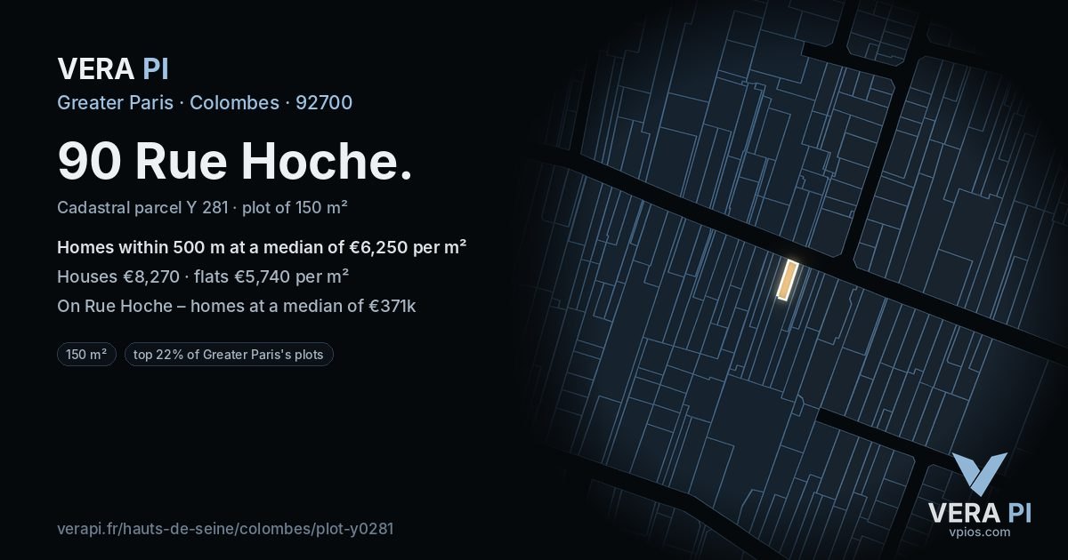 90 Rue Hoche, Colombes at night – the plot lit, the parcels around coloured by the prices near them