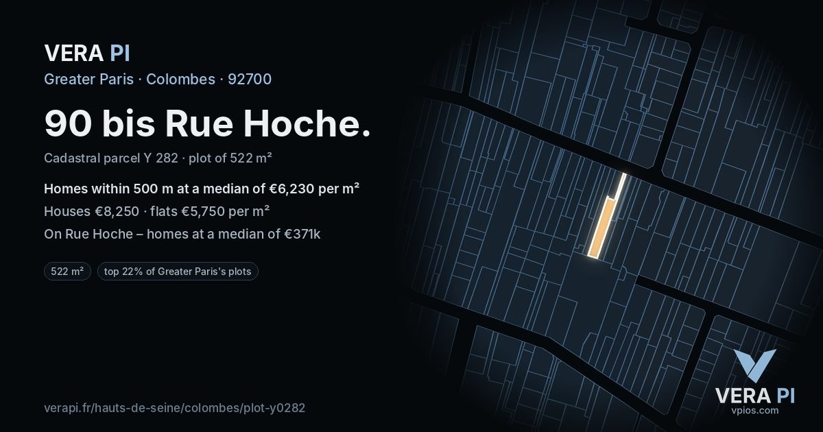 90 bis Rue Hoche, Colombes at night – the plot lit, the parcels around coloured by the prices near them