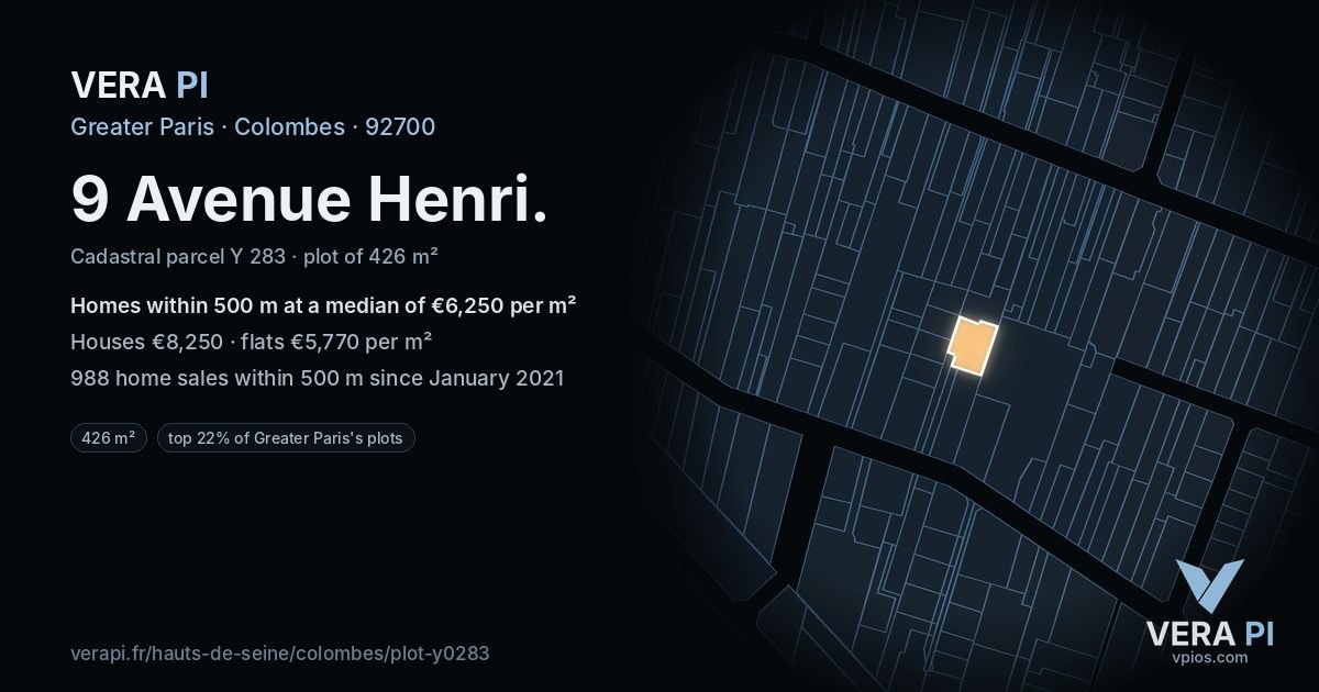 9 Avenue Henri, Colombes at night – the plot lit, the parcels around coloured by the prices near them