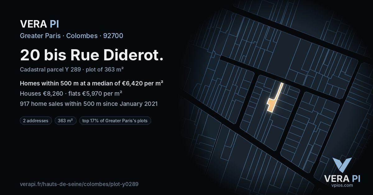 20 bis Rue Diderot, Colombes at night – the plot lit, the parcels around coloured by the prices near them