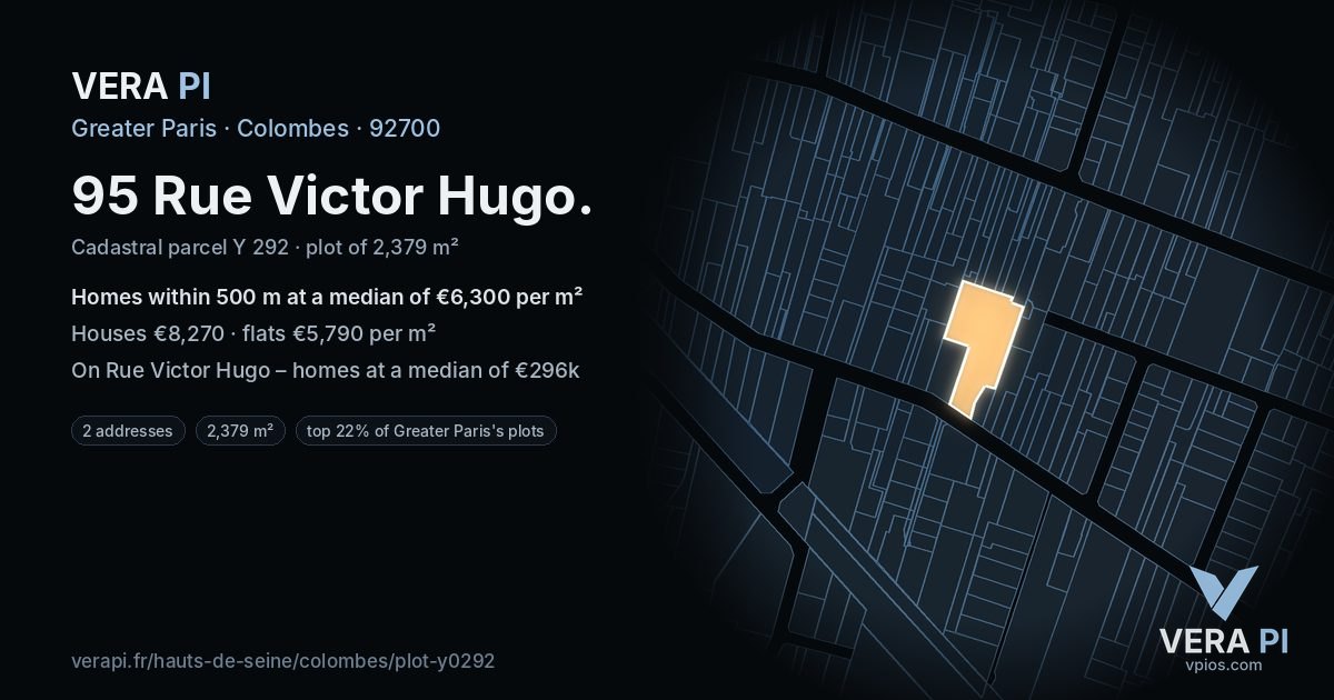 95 Rue Victor Hugo, Colombes at night – the plot lit, the parcels around coloured by the prices near them