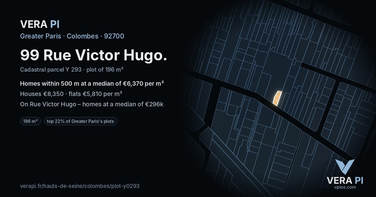 99 Rue Victor Hugo, Colombes at night – the plot lit, the parcels around coloured by the prices near them