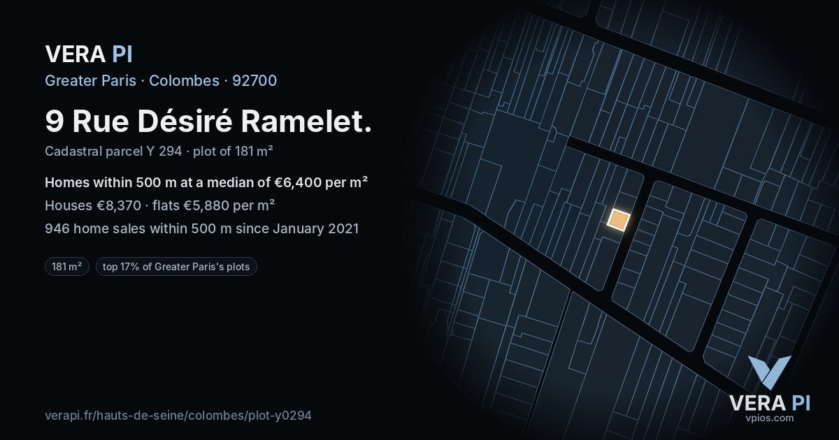 9 Rue Désiré Ramelet, Colombes at night – the plot lit, the parcels around coloured by the prices near them
