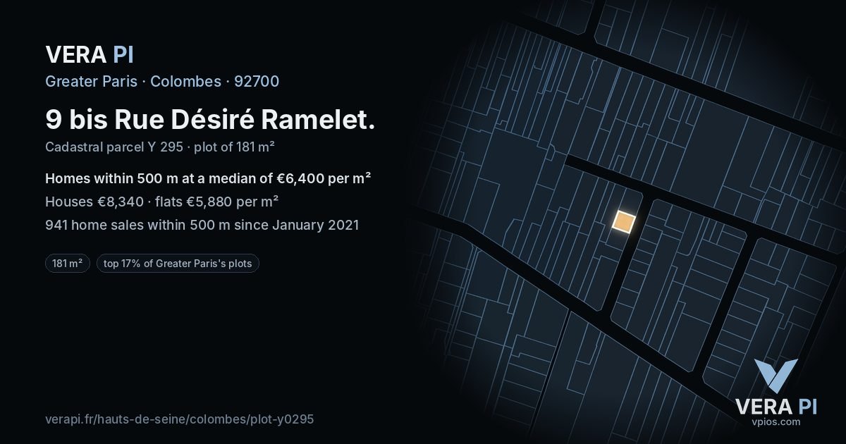 9 bis Rue Désiré Ramelet, Colombes at night – the plot lit, the parcels around coloured by the prices near them