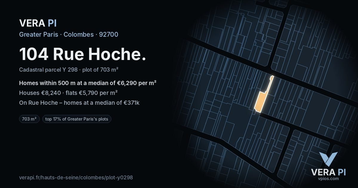104 Rue Hoche, Colombes at night – the plot lit, the parcels around coloured by the prices near them