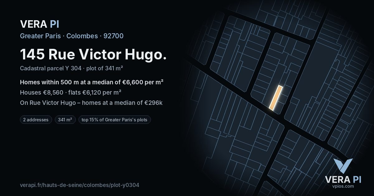 145 Rue Victor Hugo, Colombes at night – the plot lit, the parcels around coloured by the prices near them