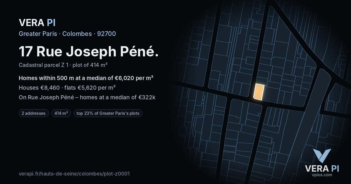 17 Rue Joseph Péné, Colombes at night – the plot lit, the parcels around coloured by the prices near them