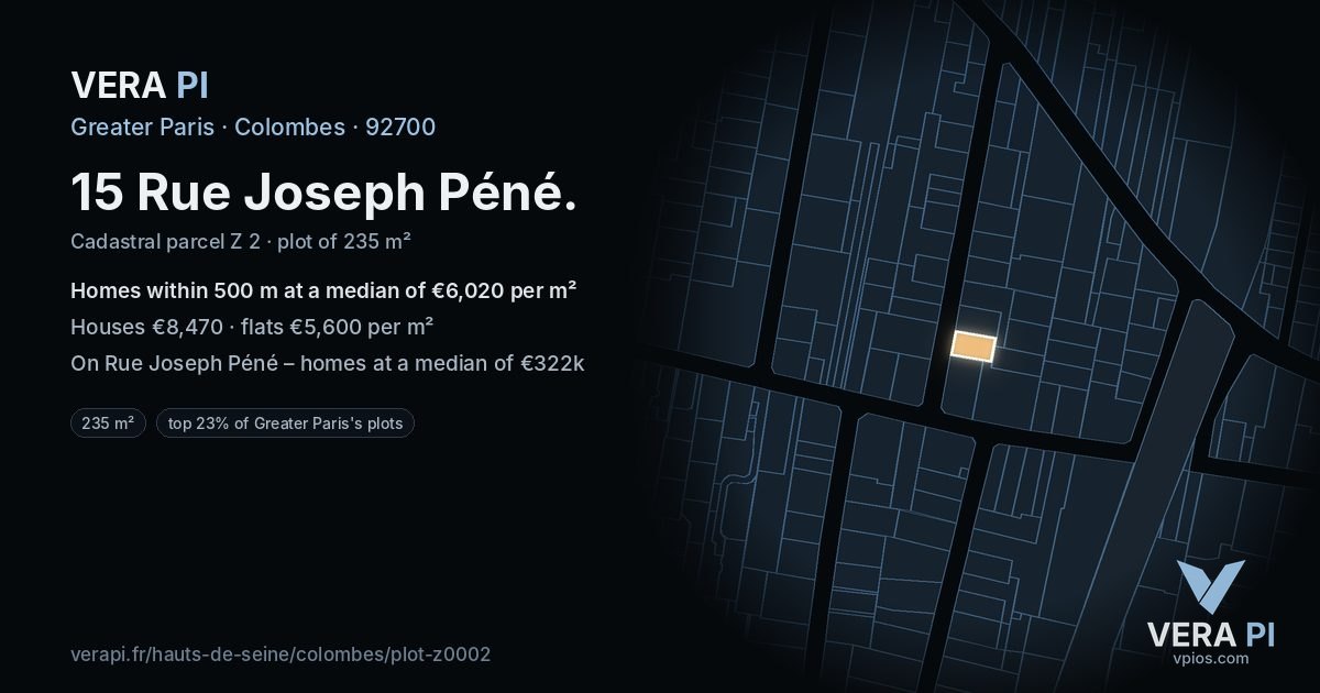 15 Rue Joseph Péné, Colombes at night – the plot lit, the parcels around coloured by the prices near them