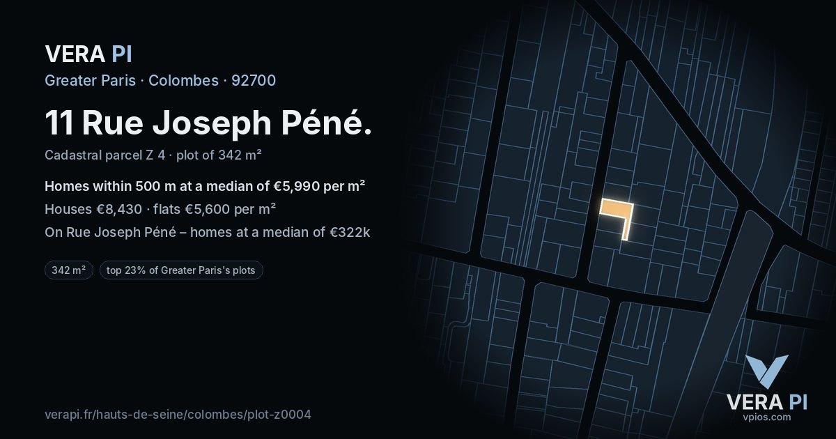 11 Rue Joseph Péné, Colombes at night – the plot lit, the parcels around coloured by the prices near them