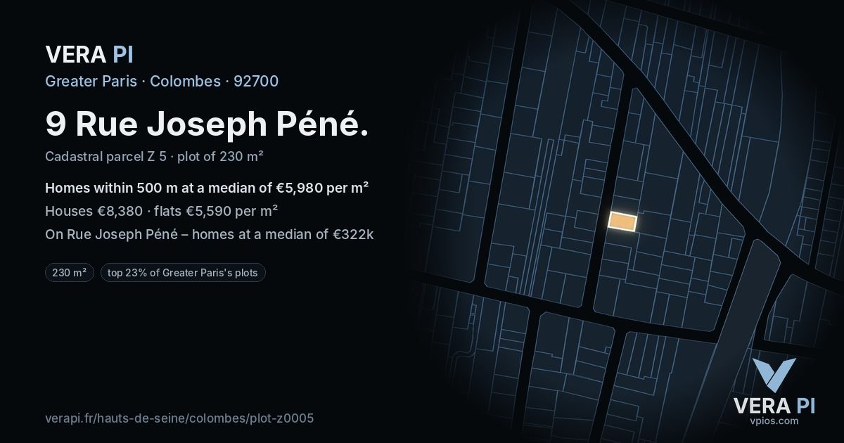 9 Rue Joseph Péné, Colombes at night – the plot lit, the parcels around coloured by the prices near them
