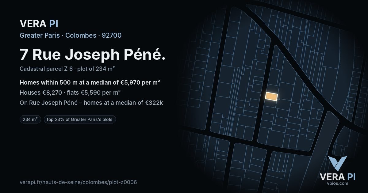 7 Rue Joseph Péné, Colombes at night – the plot lit, the parcels around coloured by the prices near them
