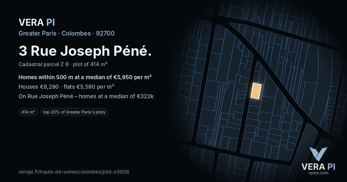 3 Rue Joseph Péné, Colombes at night – the plot lit, the parcels around coloured by the prices near them