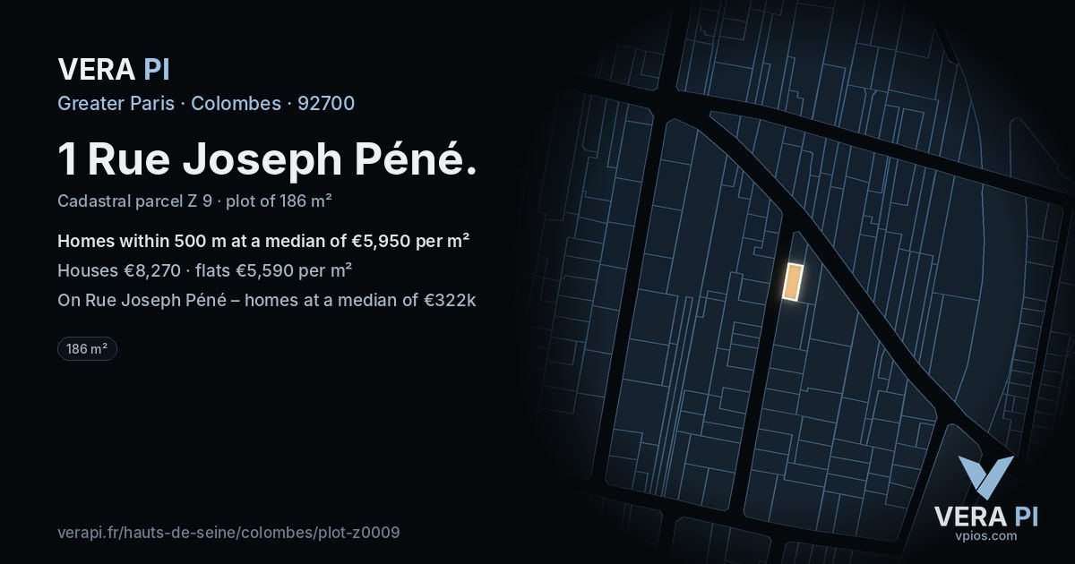 1 Rue Joseph Péné, Colombes at night – the plot lit, the parcels around coloured by the prices near them