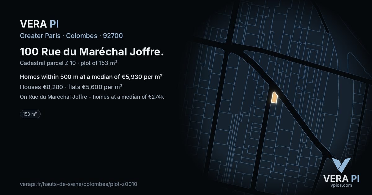 100 Rue du Maréchal Joffre, Colombes at night – the plot lit, the parcels around coloured by the prices near them