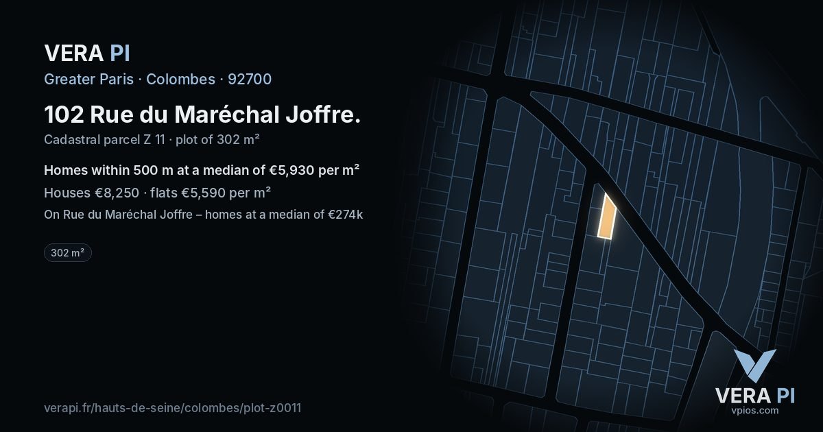 102 Rue du Maréchal Joffre, Colombes at night – the plot lit, the parcels around coloured by the prices near them