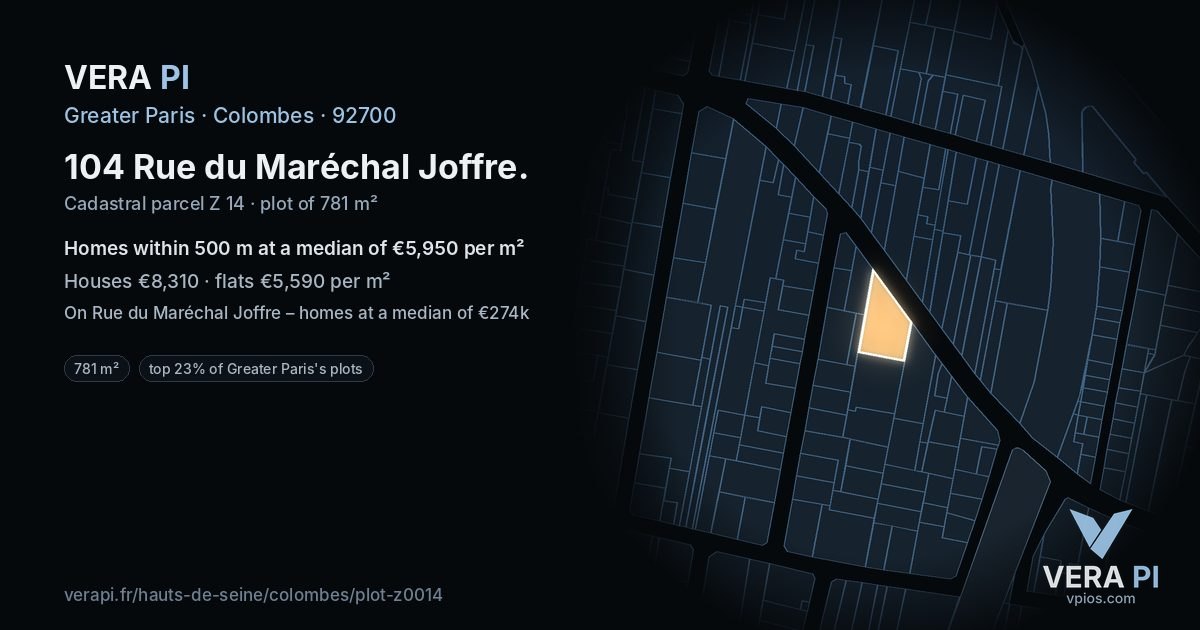 104 Rue du Maréchal Joffre, Colombes at night – the plot lit, the parcels around coloured by the prices near them