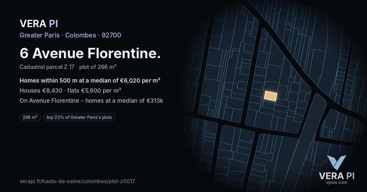 6 Avenue Florentine, Colombes at night – the plot lit, the parcels around coloured by the prices near them