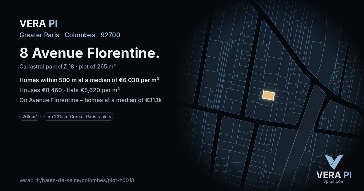 8 Avenue Florentine, Colombes at night – the plot lit, the parcels around coloured by the prices near them