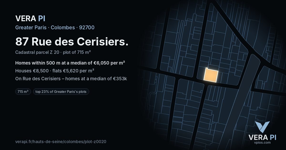 87 Rue des Cerisiers, Colombes at night – the plot lit, the parcels around coloured by the prices near them