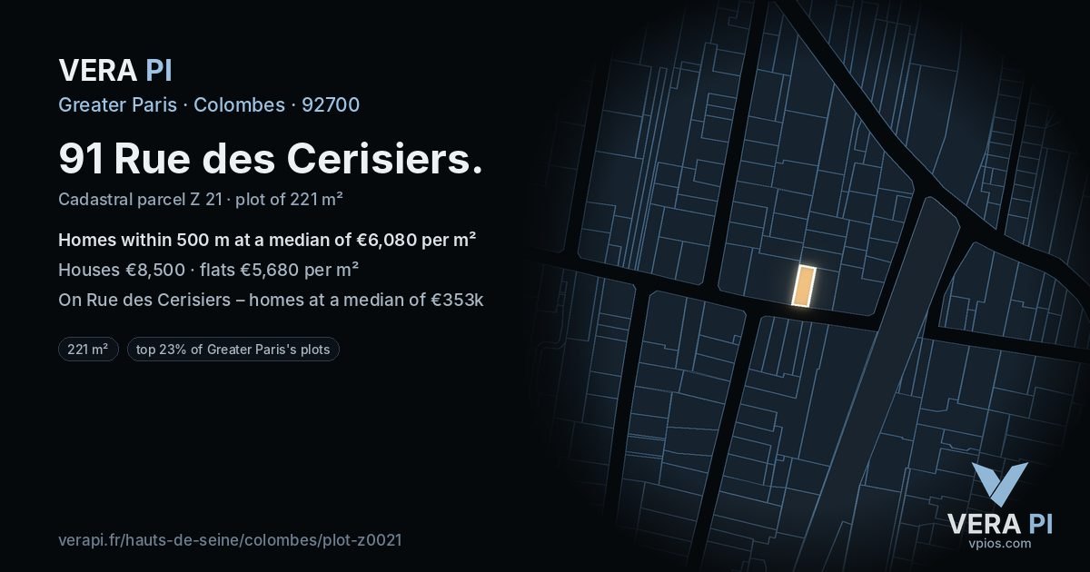 91 Rue des Cerisiers, Colombes at night – the plot lit, the parcels around coloured by the prices near them