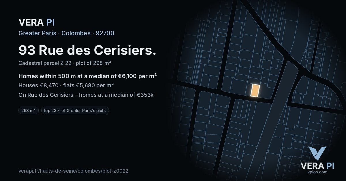 93 Rue des Cerisiers, Colombes at night – the plot lit, the parcels around coloured by the prices near them
