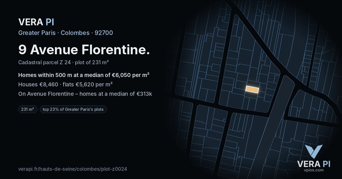 9 Avenue Florentine, Colombes at night – the plot lit, the parcels around coloured by the prices near them