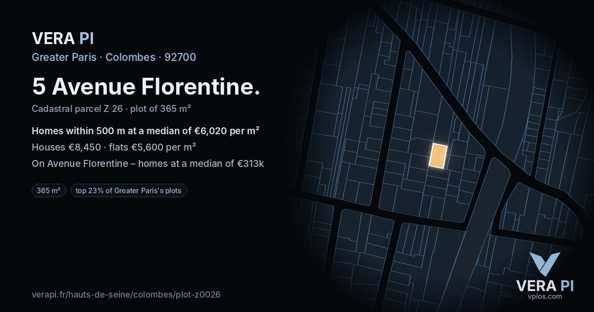 5 Avenue Florentine, Colombes at night – the plot lit, the parcels around coloured by the prices near them