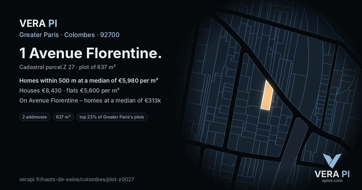 1 Avenue Florentine, Colombes at night – the plot lit, the parcels around coloured by the prices near them