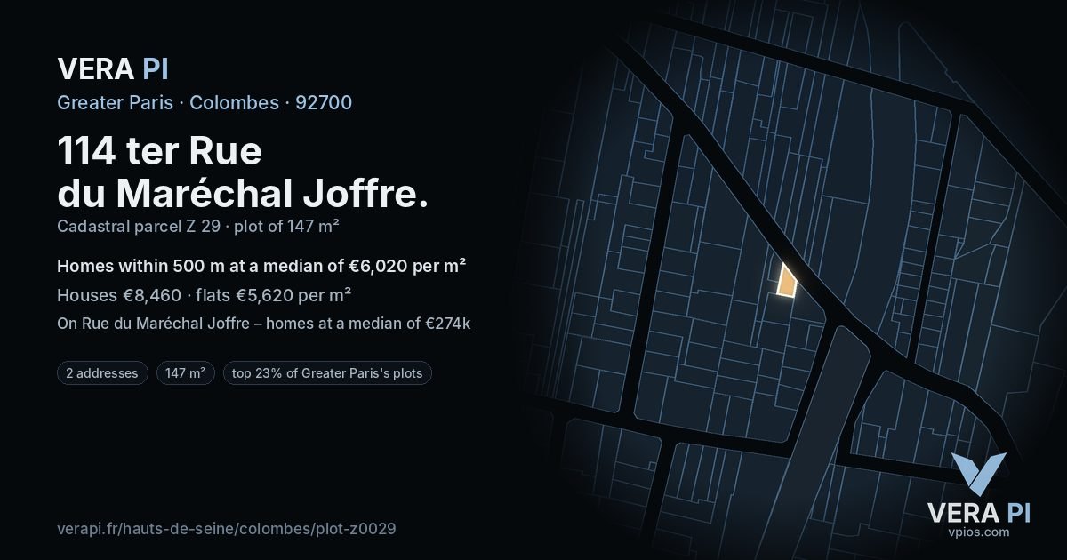 114 ter Rue du Maréchal Joffre, Colombes at night – the plot lit, the parcels around coloured by the prices near them
