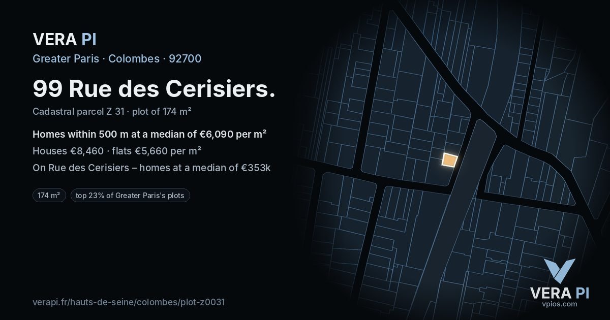 99 Rue des Cerisiers, Colombes at night – the plot lit, the parcels around coloured by the prices near them