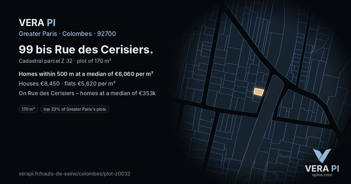 99 bis Rue des Cerisiers, Colombes at night – the plot lit, the parcels around coloured by the prices near them