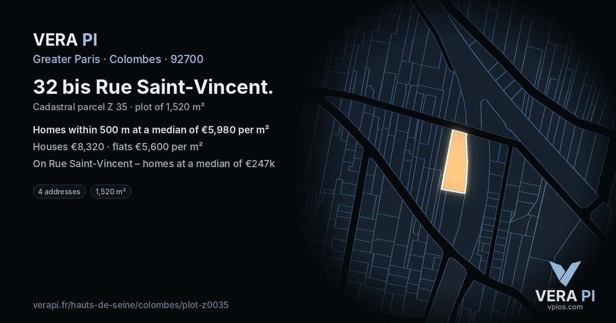 32 bis Rue Saint-Vincent, Colombes at night – the plot lit, the parcels around coloured by the prices near them