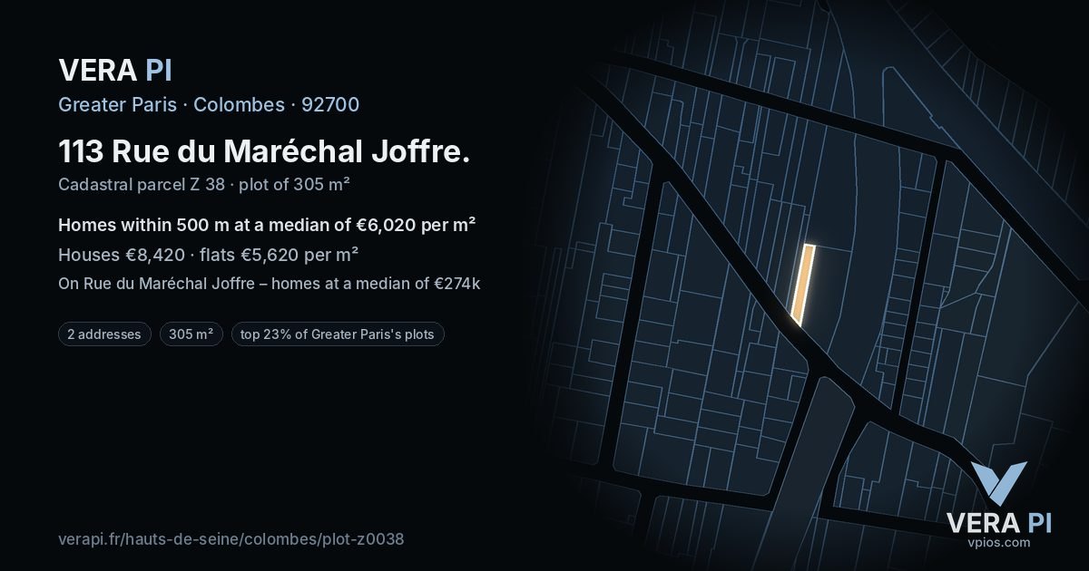 113 Rue du Maréchal Joffre, Colombes at night – the plot lit, the parcels around coloured by the prices near them
