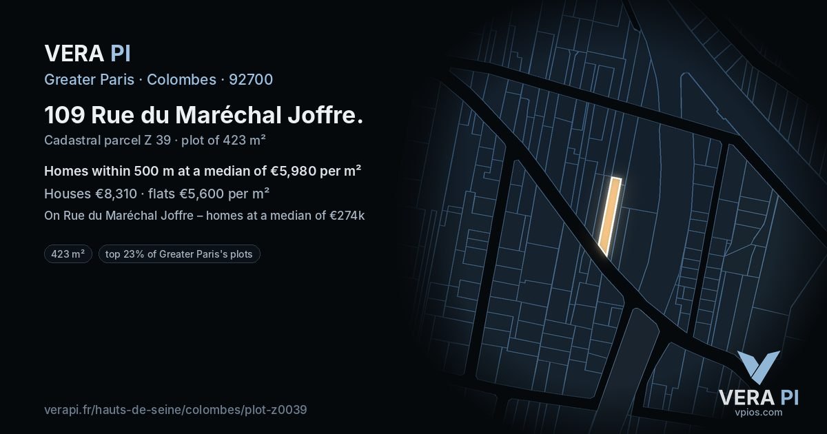 109 Rue du Maréchal Joffre, Colombes at night – the plot lit, the parcels around coloured by the prices near them