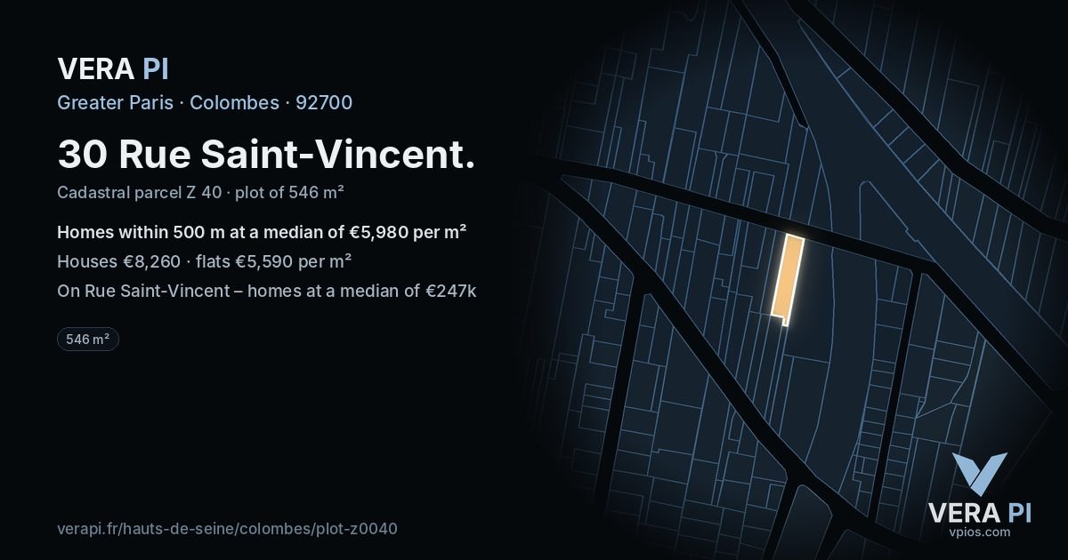 30 Rue Saint-Vincent, Colombes at night – the plot lit, the parcels around coloured by the prices near them