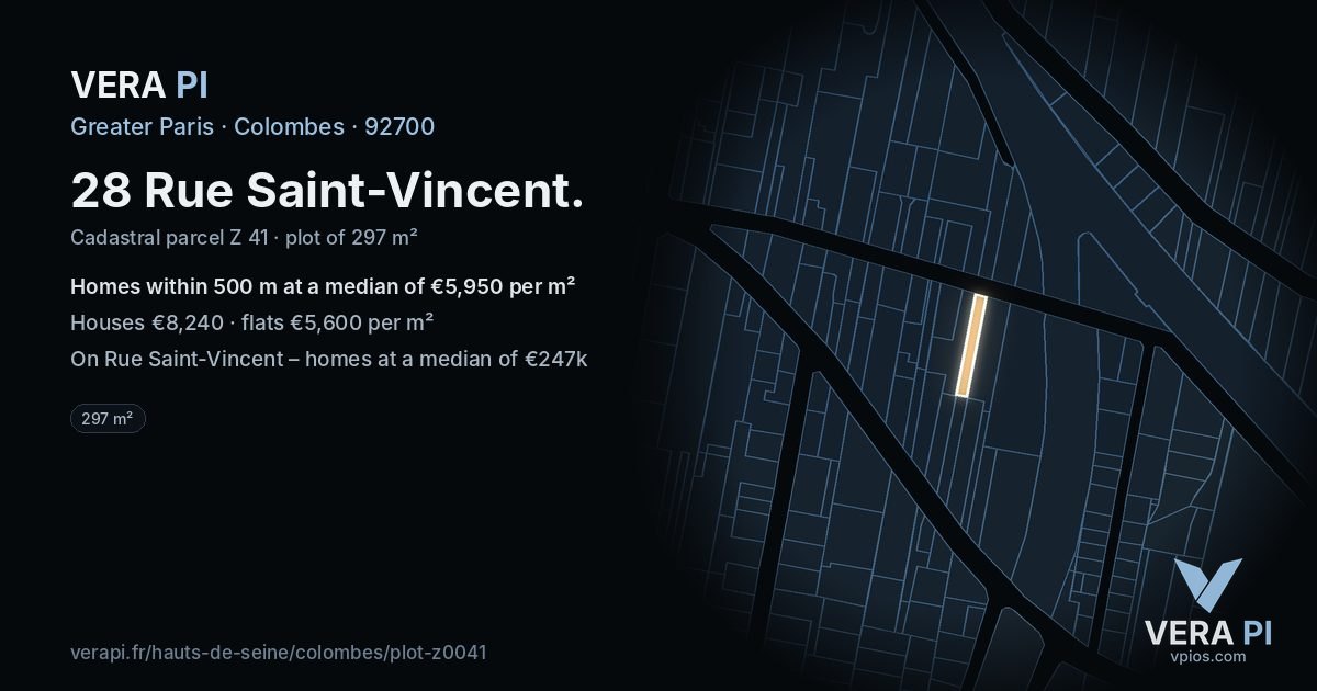 28 Rue Saint-Vincent, Colombes at night – the plot lit, the parcels around coloured by the prices near them